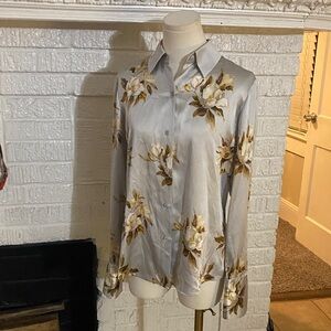 Floral Satin Blouse - Cream and Brown
